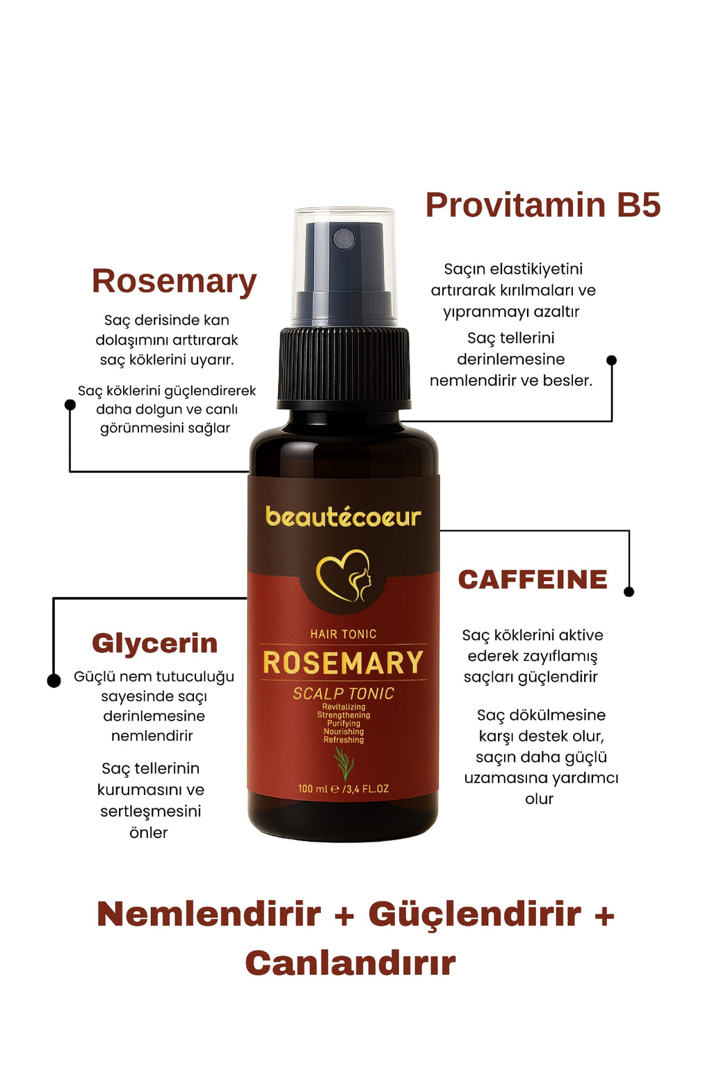 Beautecoeur Rosemary İçerikli Dolgunlaştırıcı ve Dökülme Önleyici Saç Bakım Toniği 100 ML