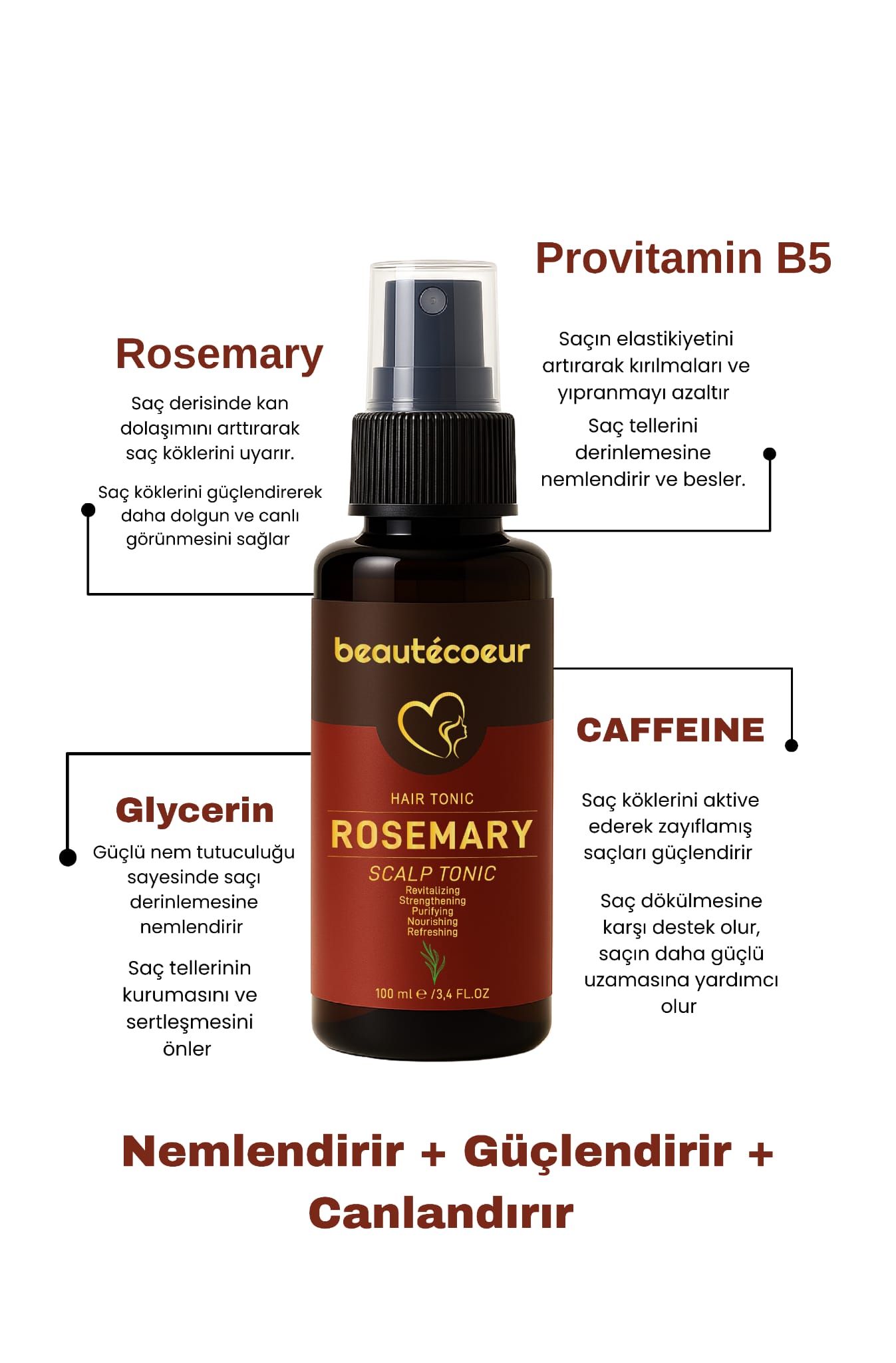 Beautecoeur Rosemary İçerikli Dolgunlaştırıcı ve Dökülme Önleyici Saç Bakım Toniği 100 ML