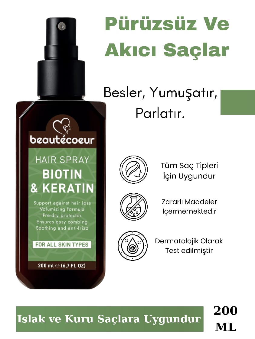 Beauteceoru Keratin ve Biotin içerikli Besleyici ve Canlandırıcı Saç Bakım Spreyi 200 ML
