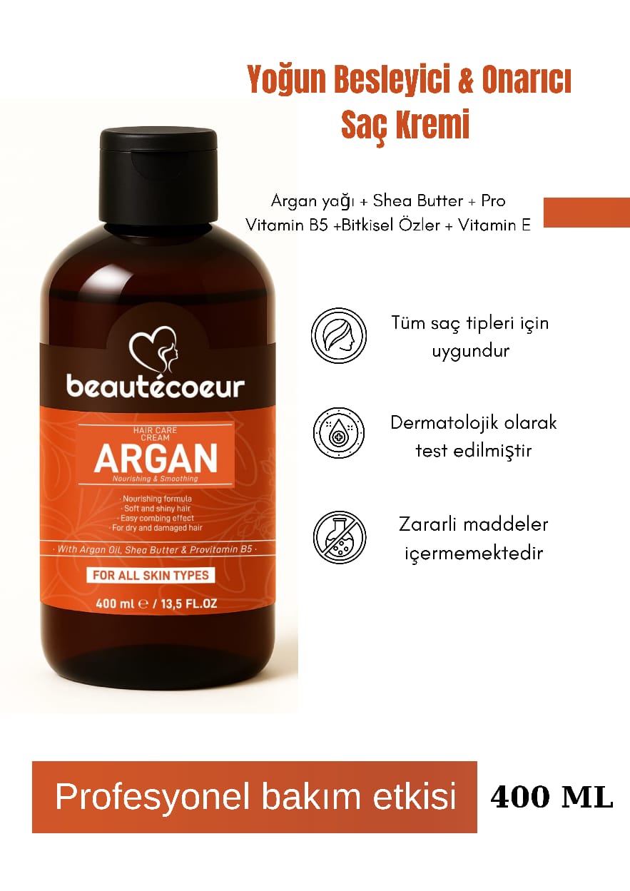 Beautecoeur Argan içerikli nemlendirici ve besleyici saç bakım kremi 400 ML