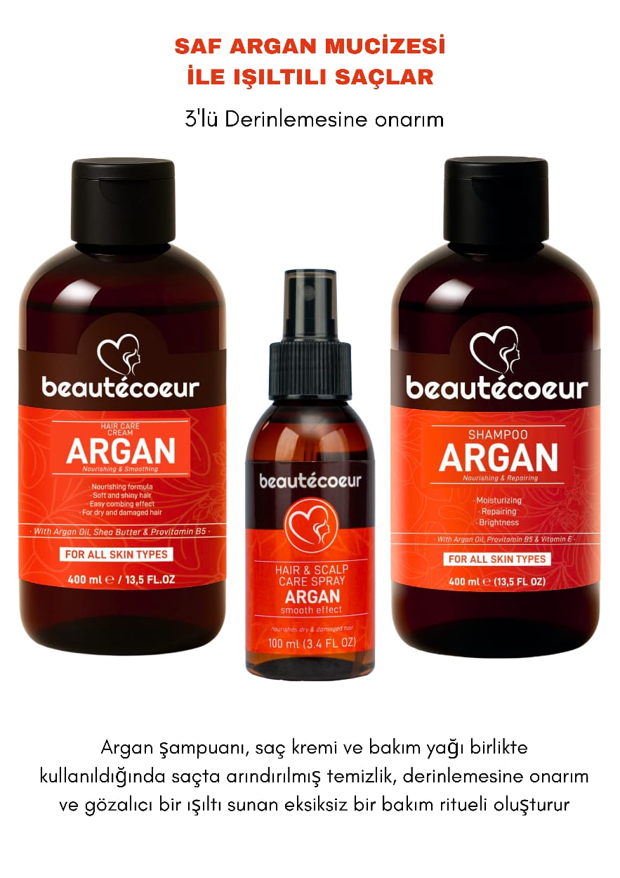 Beautecoeur Argan İçerikli Onarıcı, Besleyici, Nemlendirici 3 lü Saç Bakım Seti.