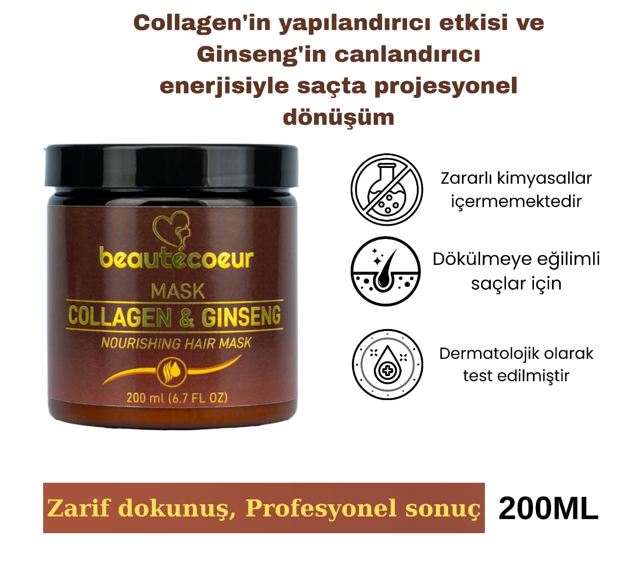 Beautecoeur Collagen ve Ginseng İçerikli dökülmeleri önlemeye yardımcı maske 200ML