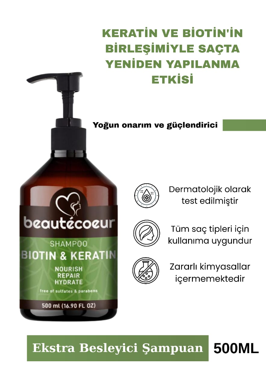 Beautecoeur Keratin & Biotin onarıcı ve güçlendirici Şampuan 500 ml
