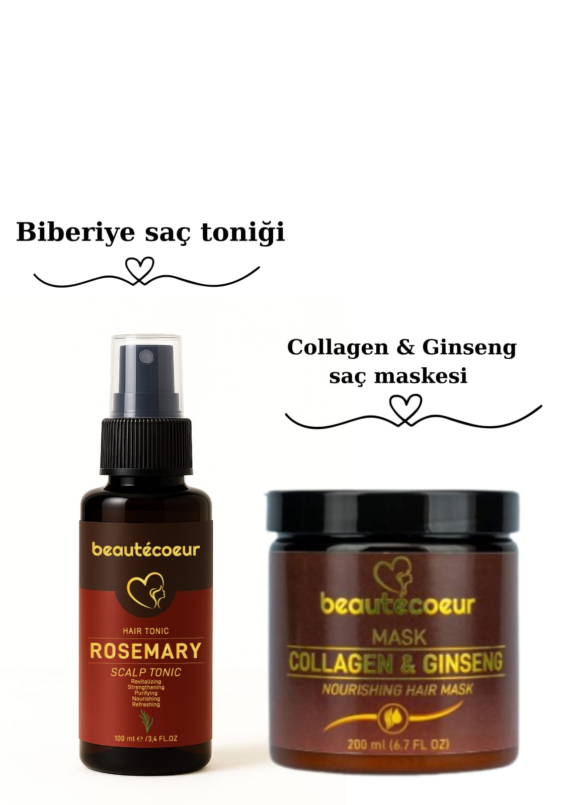 Beautecoeur Collagen, Ginseng ve Biberiye içerikli 2 li Saç Bakım Seti Dökülme Karşıtı Dolgunlaştırıcı