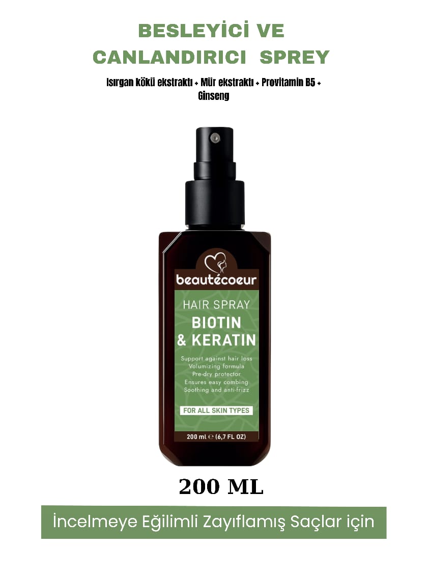 Beauteceoru Keratin ve Biotin içerikli Besleyici ve Canlandırıcı Saç Bakım Spreyi 200 ML