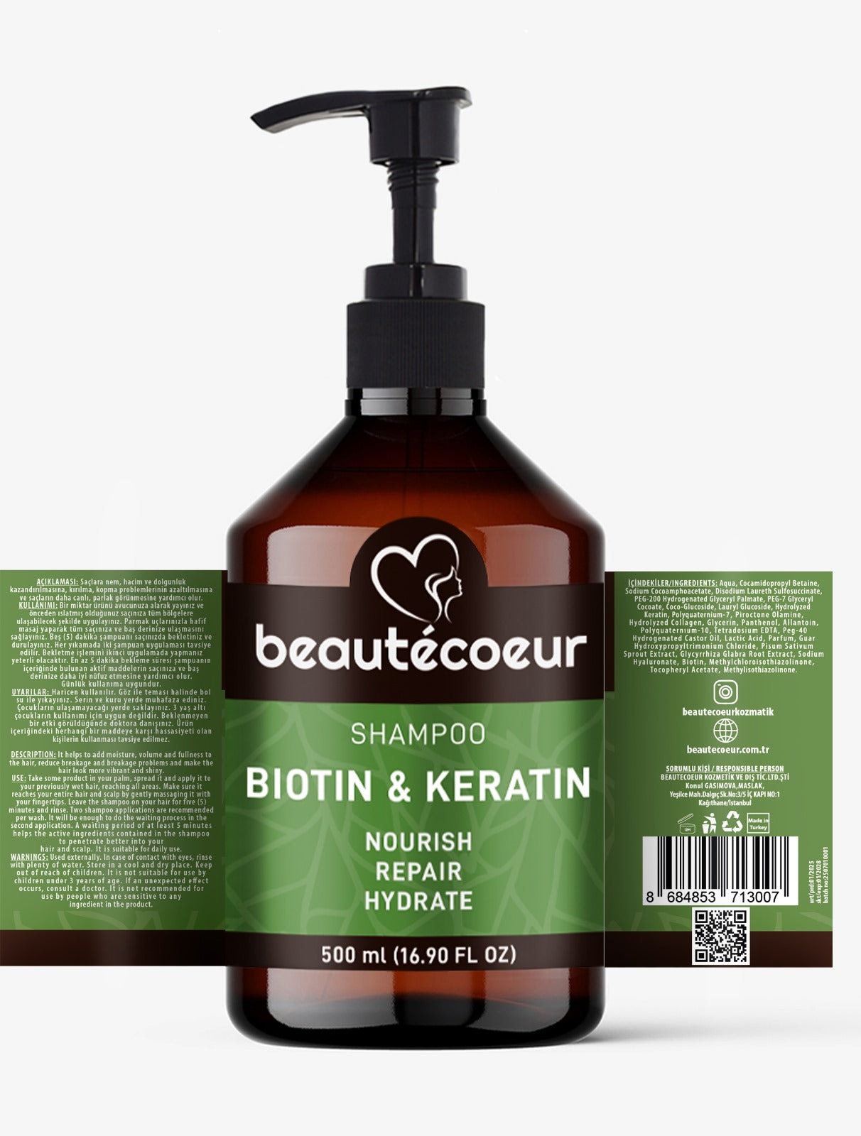 Beautecoeur Keratin & Biotin onarıcı ve güçlendirici Şampuan 500 ml